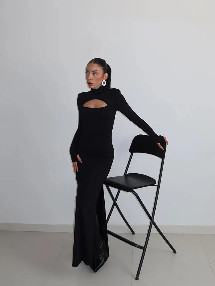 Women's Maxi Dresses Solid Turtleneck Regular Long Sleeves Hollow Out Slim Fit