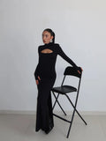 Women's Maxi Dresses Solid Turtleneck Regular Long Sleeves Hollow Out Slim Fit