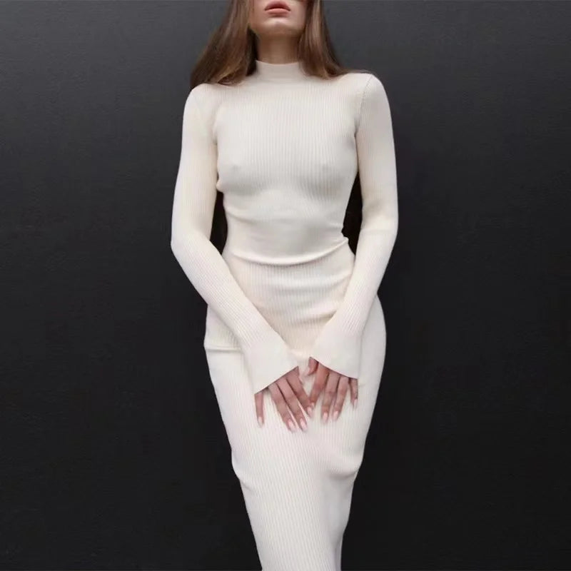 Autumn Knitted Turtleneck Dress Women Long Sleeve Bodycon Midi Dresses Elegant Fashion