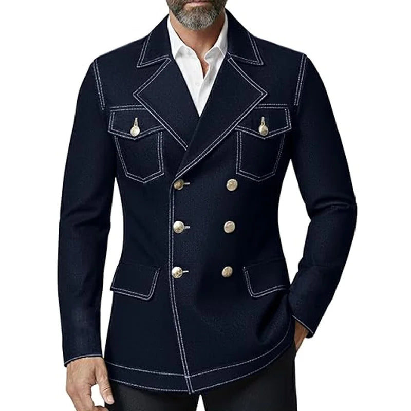 Men's Denim Jacket Double Breasted Slim Fit Notch Lapel Multi-pocket With Gold Button British Style Casual Office Spot Coat