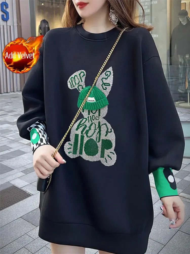 Sweatshirt for Women BlackGraphic Long  Woman Tops Loose Embroidered Pullover Baggy Korean Popular Clothes
