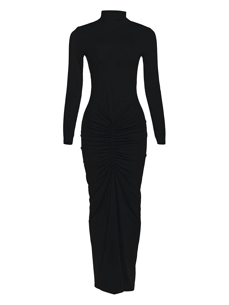 New Style Long Dress Woman Turtleneck Full Sleeve Skinny High Stretch Daily Casual