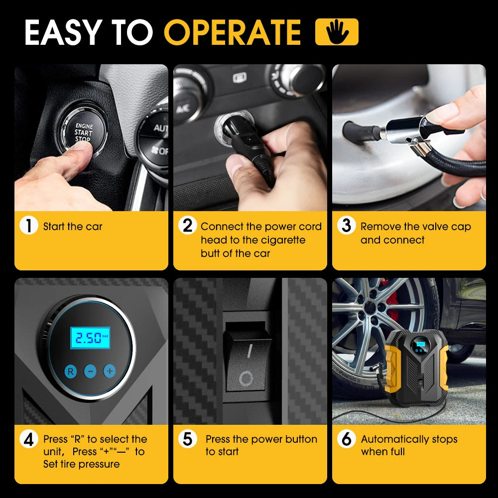 Carsun 150PSI 12V Digital Tire Inflator with LED Light, Smart Pressure Control & 3M Power Cord – For Cars, Bikes & Balls
