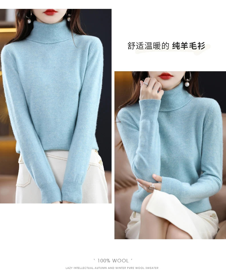 Wool Cashmere Sweater Women Knitted Sweater Turtleneck Long Sleeve Pullovers Autumn Winter.