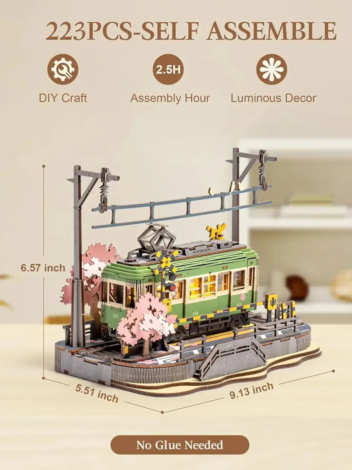 Robotime Sakura Tram 3D Wooden Puzzle with LED Lights – Home Decor Gift for Adults and Girls