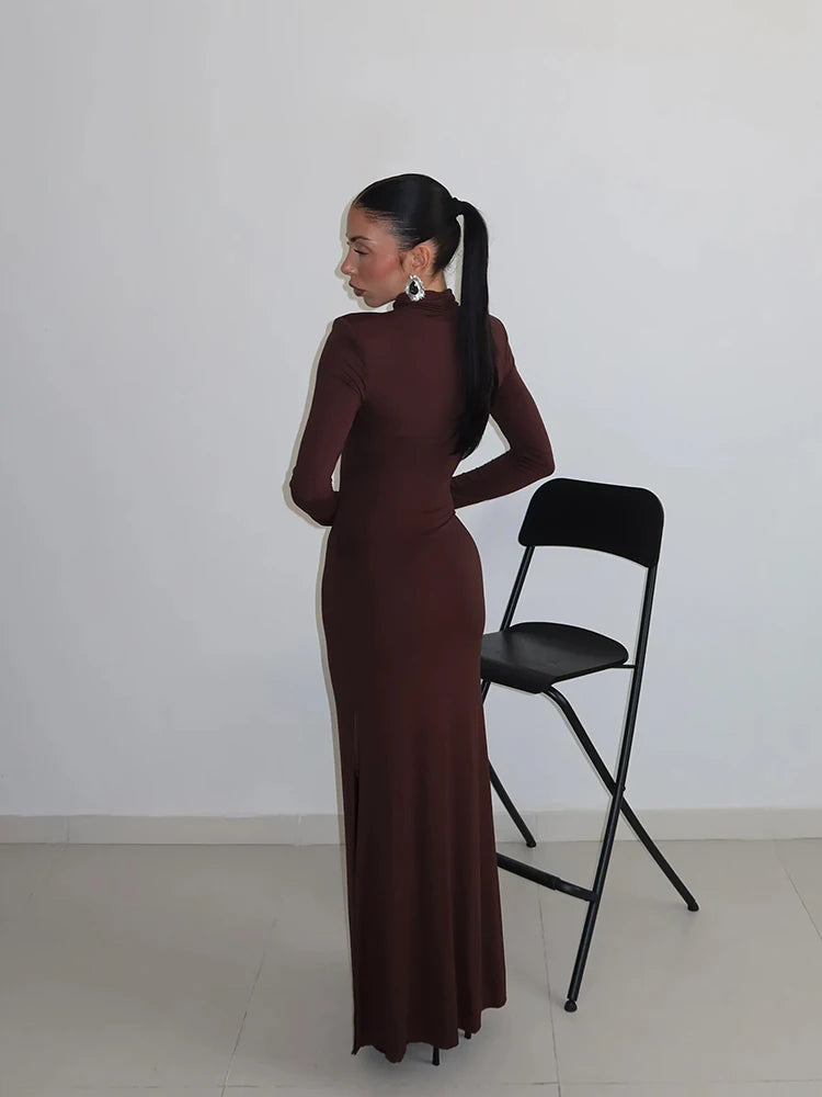Women's Maxi Dresses Solid Turtleneck Regular Long Sleeves Hollow Out Slim Fit