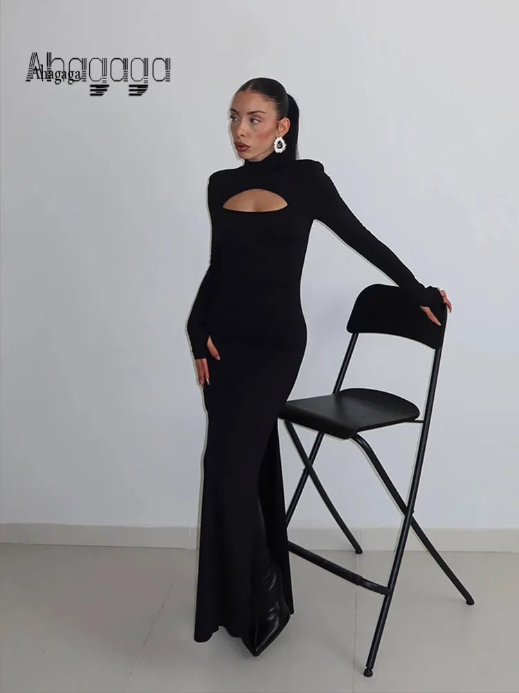 Women's Maxi Dresses Solid Turtleneck Regular Long Sleeves Hollow Out Slim Fit