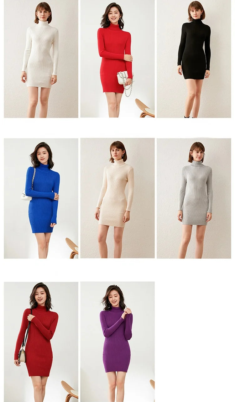 Turtleneck Sweater Slim-Fit Bottoming Solid Color Tight-Fitting Knitted Bag Hip Women Dress.