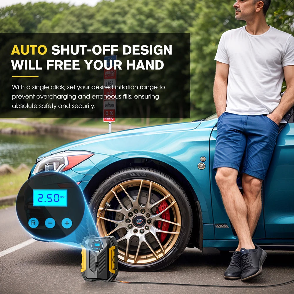Carsun 150PSI 12V Digital Tire Inflator with LED Light, Smart Pressure Control & 3M Power Cord – For Cars, Bikes & Balls