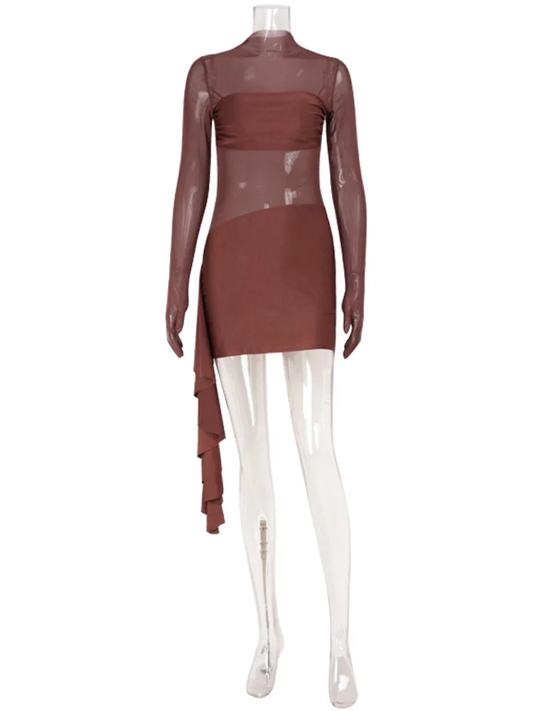 Mesh Patchwork Solid O Neck Women Dresses Autum Sheer Club Long Sleeve Hip Wrap Bodycon Streetwear