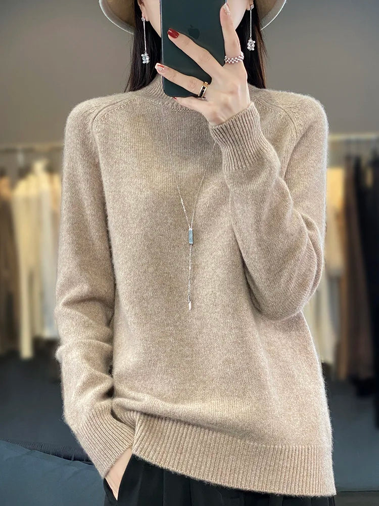 Autumn Winter Wool Sweater Mock Neck Office Lady Knitted Pullover Solid Soft Long Sleeve