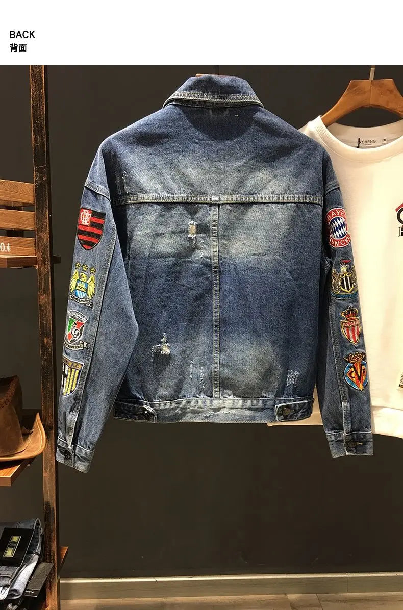 Spring and Autumn New Men's Embroidered Denim Jacket Trendy and Handsome Slim Fit Badge Broken Coat