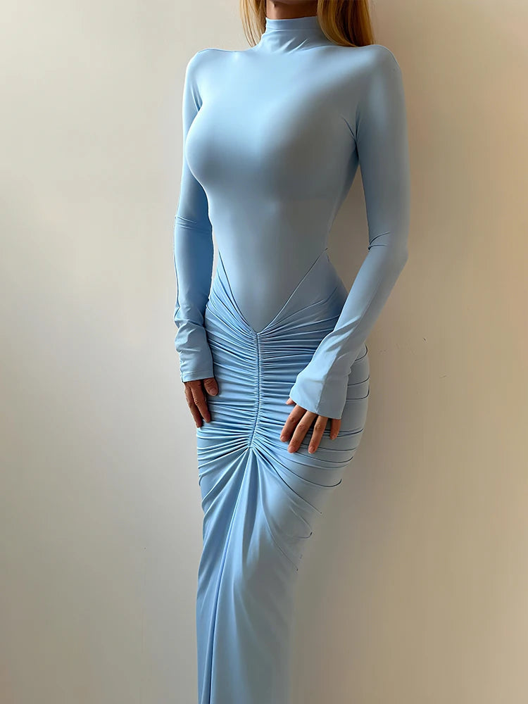 New Style Long Dress Woman Turtleneck Full Sleeve Skinny High Stretch Daily Casual