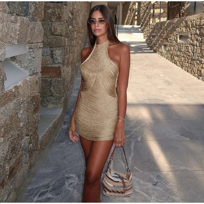 Slim Sleeveless Gold Tassel Dress for Summer Parties
