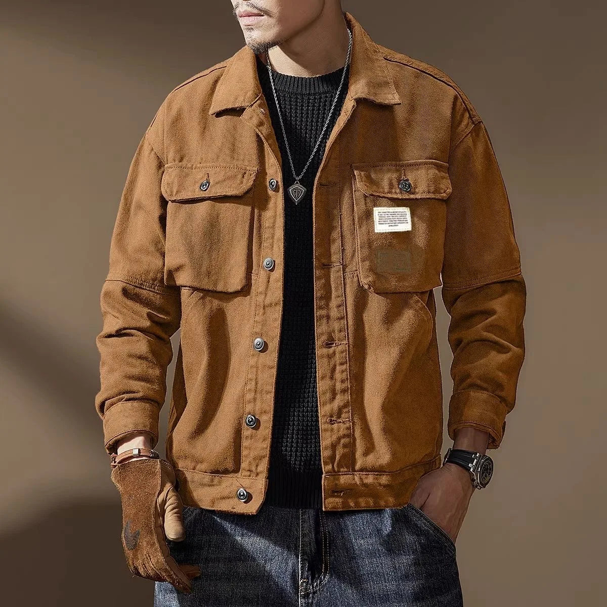 2024 Spring and Autumn Fashion Trend Solid Color Cargo Jacket Men's Casual Loose Comfortable High Quality Plus-Size Denim Coat