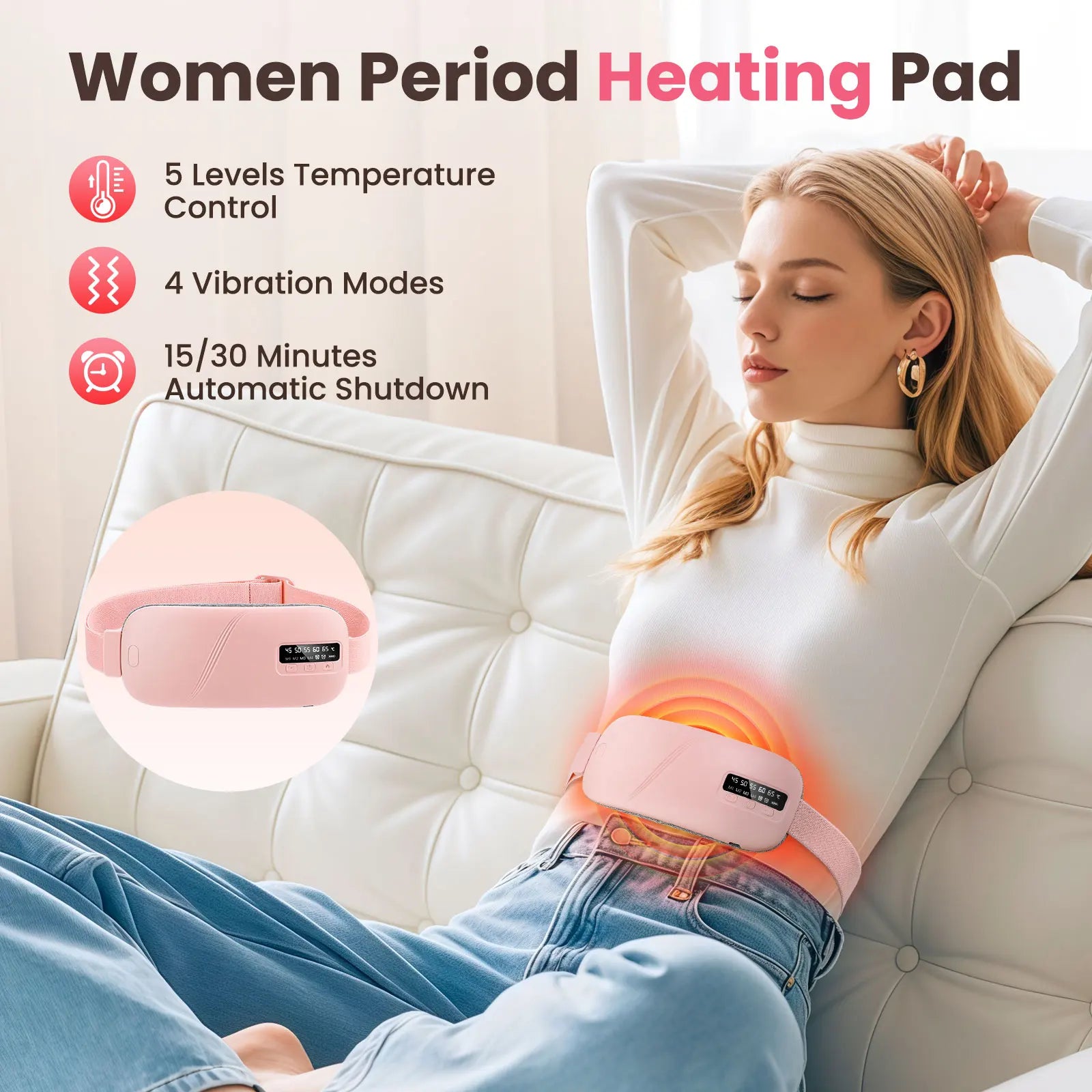Smart Electric Heating & Vibration Waist Massager Belt with 5 Modes – Warm Therapy Pad for Period Cramp Relief and Comfort