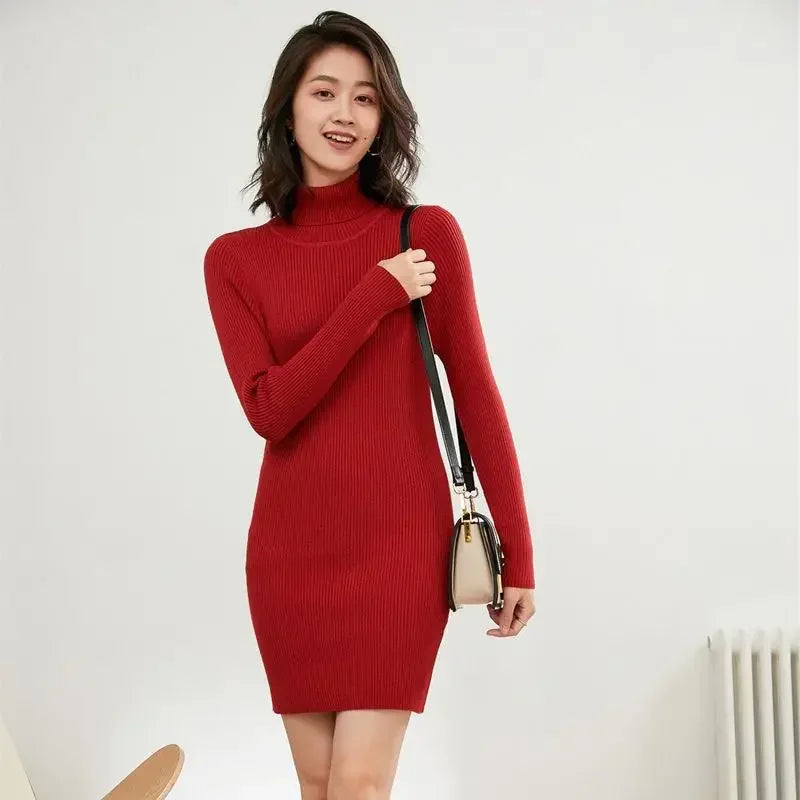 Turtleneck Sweater Slim-Fit Bottoming Solid Color Tight-Fitting Knitted Bag Hip Women Dress.