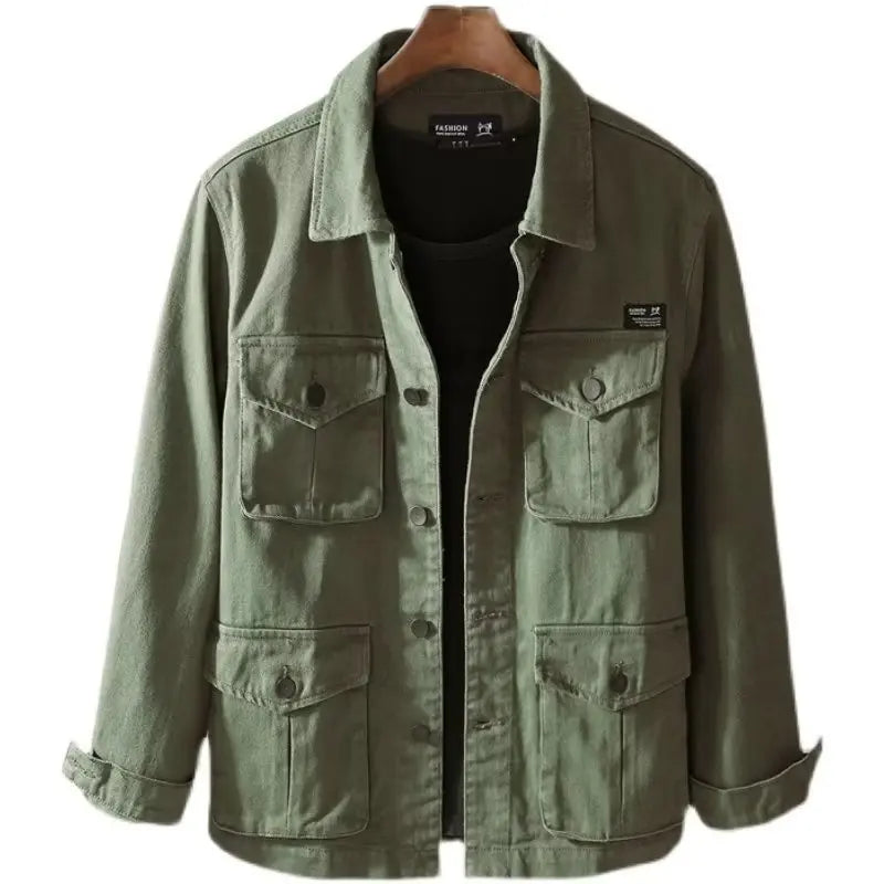 Spring and Autumn New Men's Fashion Casual Loose Jacket Solid Pocket Work Wear Denim Jacket