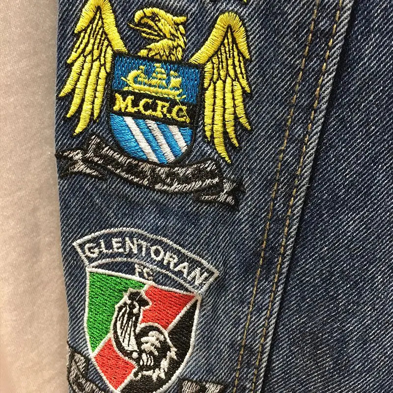 Spring and Autumn New Men's Embroidered Denim Jacket Trendy and Handsome Slim Fit Badge Broken Coat