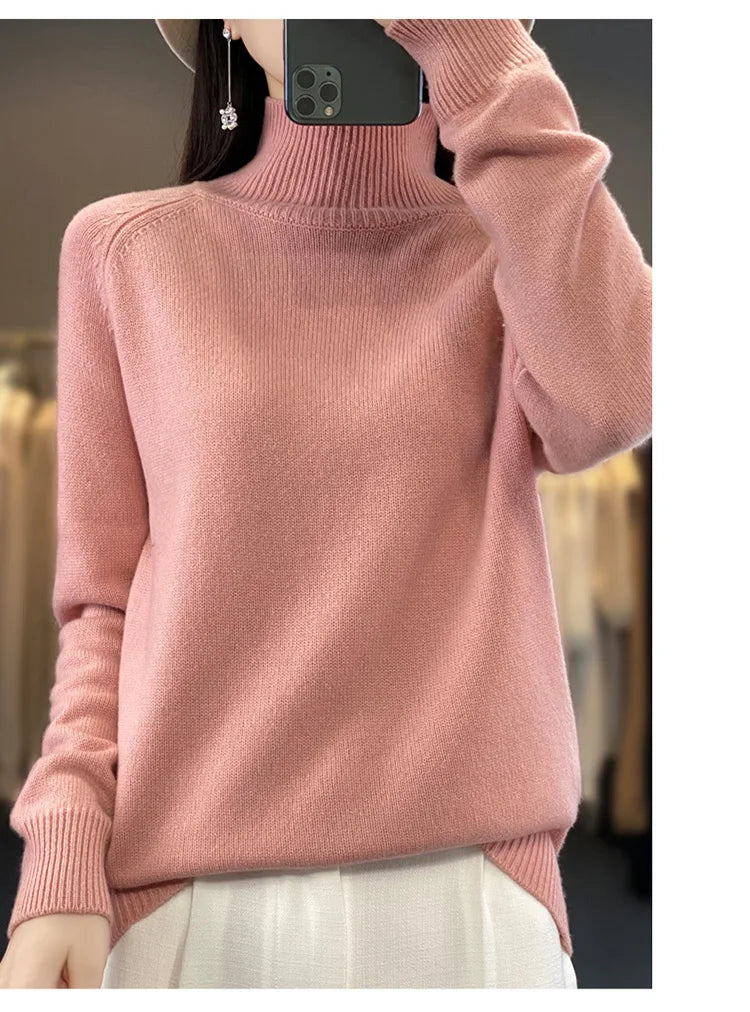 Autumn Winter Wool Sweater Mock Neck Office Lady Knitted Pullover Solid Soft Long Sleeve