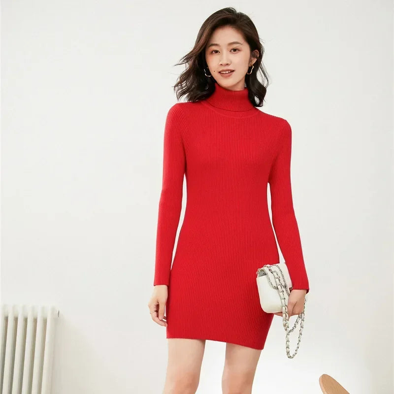 Turtleneck Sweater Slim-Fit Bottoming Solid Color Tight-Fitting Knitted Bag Hip Women Dress.