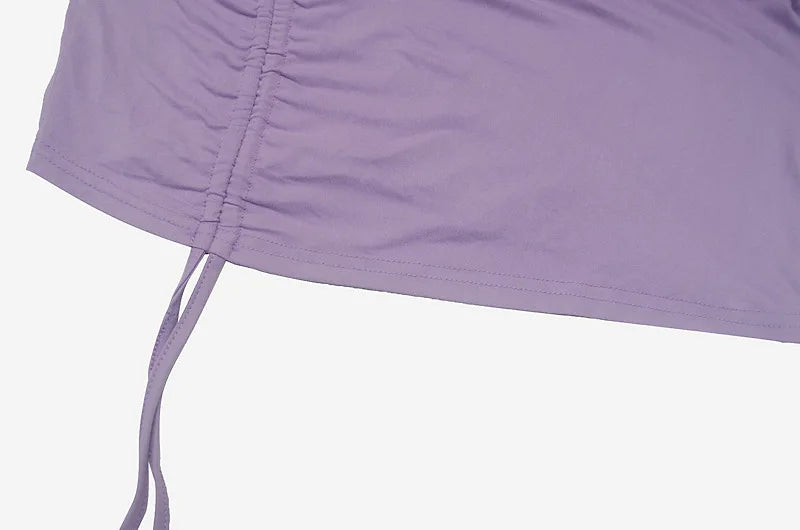 High-neck Purple Long-sleeved Pleated Tie-up Dress Skirt.