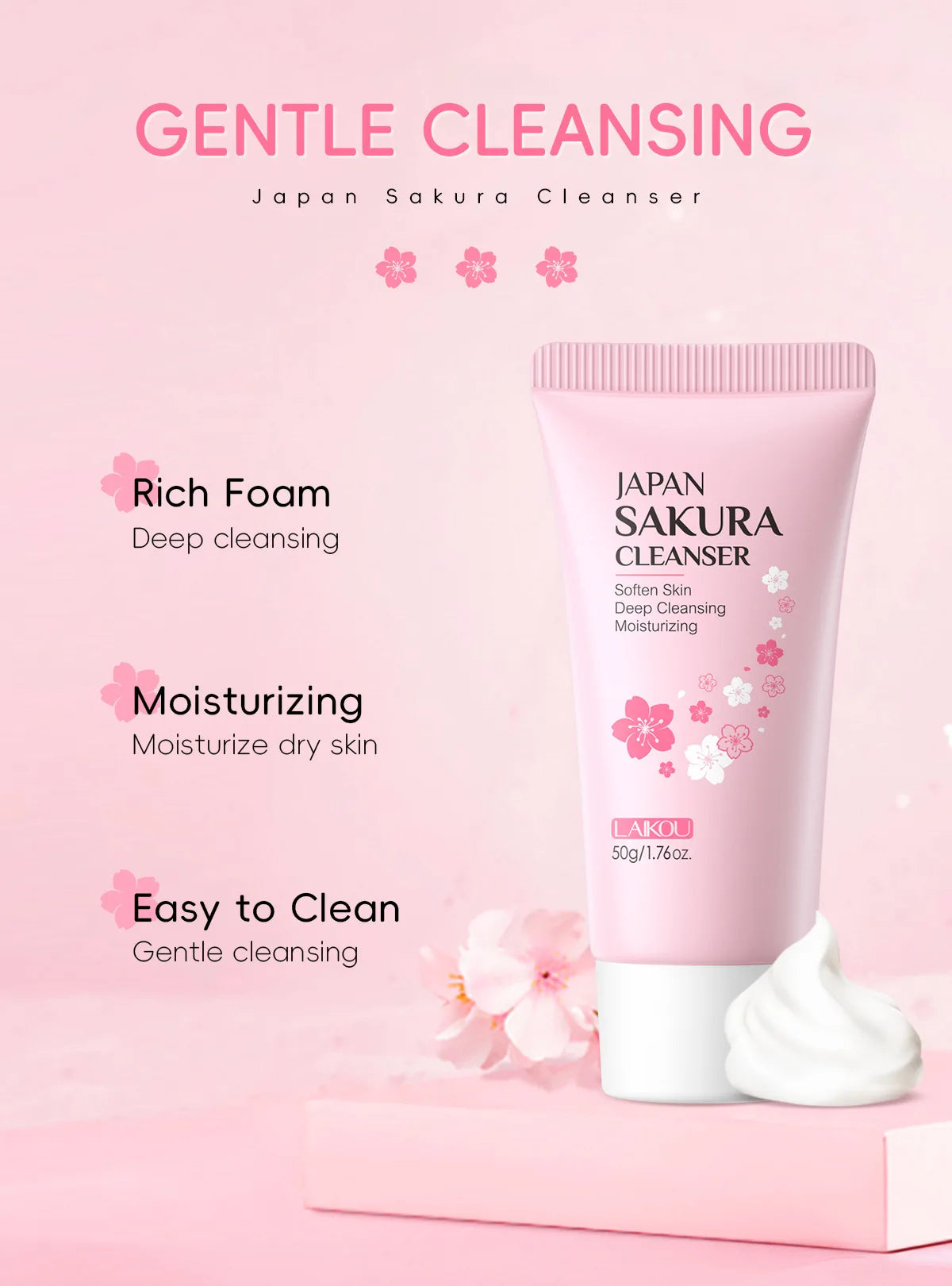 LAIKOU Sakura Cleanser Gentle Deep Cleaning Oil Control Moisturizing Shrink Pores Face Skin Care.