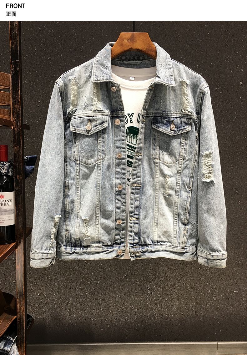 Spring and Autumn New Men's Embroidered Denim Jacket Trendy and Handsome Slim Fit Badge Broken Coat
