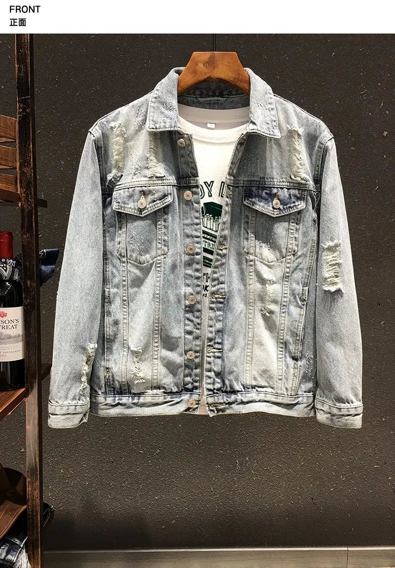 Spring and Autumn New Men's Embroidered Denim Jacket Trendy and Handsome Slim Fit Badge Broken Coat