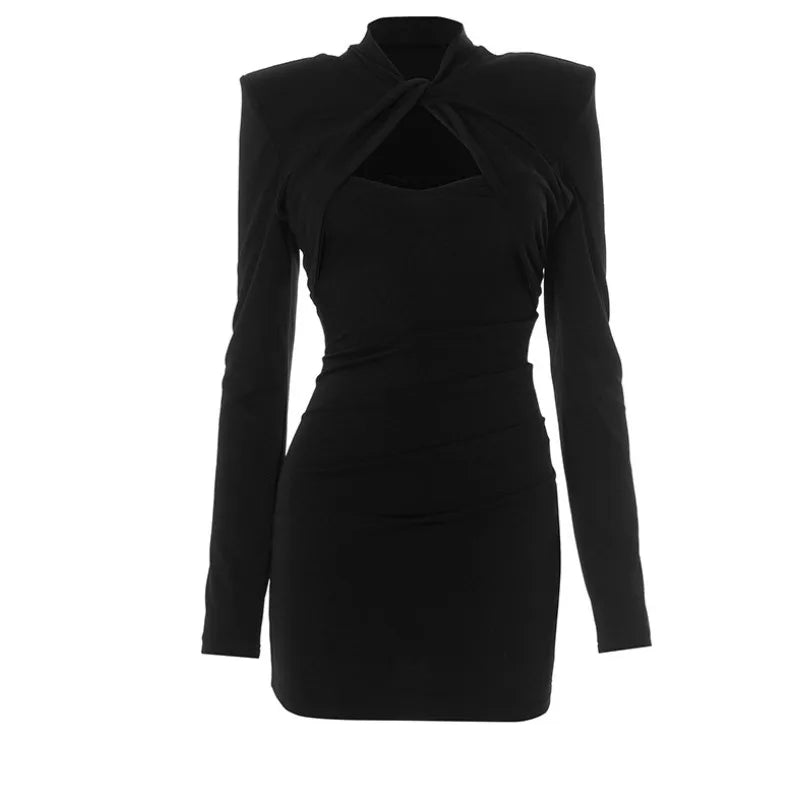Hollow-Out Evening Dress for Women – Long Sleeve, Slim Fit Style