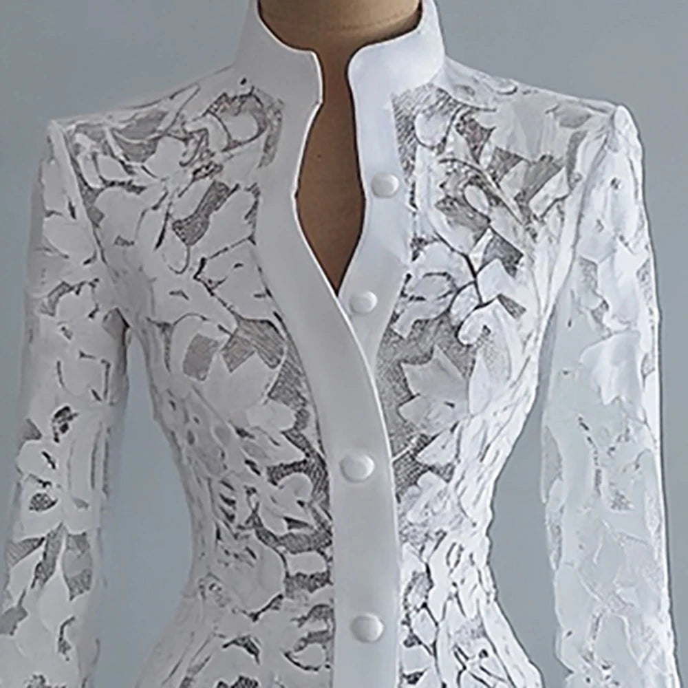 Women's Floral Lace Hollow Out Elegant Dress Solid Single-breasted Turtleneck Autumn Long Sleeve Cardigan Outwear Midi Dresses