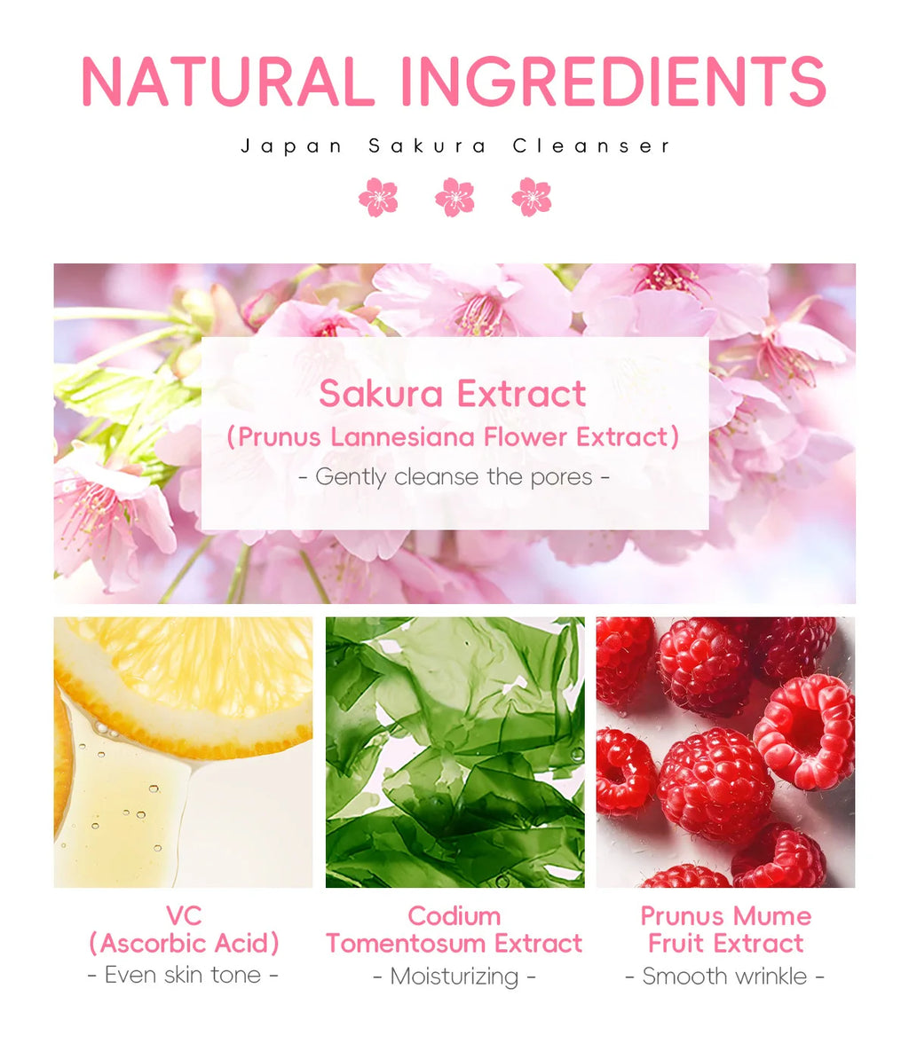LAIKOU Sakura Cleanser Gentle Deep Cleaning Oil Control Moisturizing Shrink Pores Face Skin Care.
