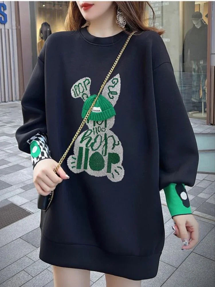 Sweatshirt for Women BlackGraphic Long  Woman Tops Loose Embroidered Pullover Baggy Korean Popular Clothes