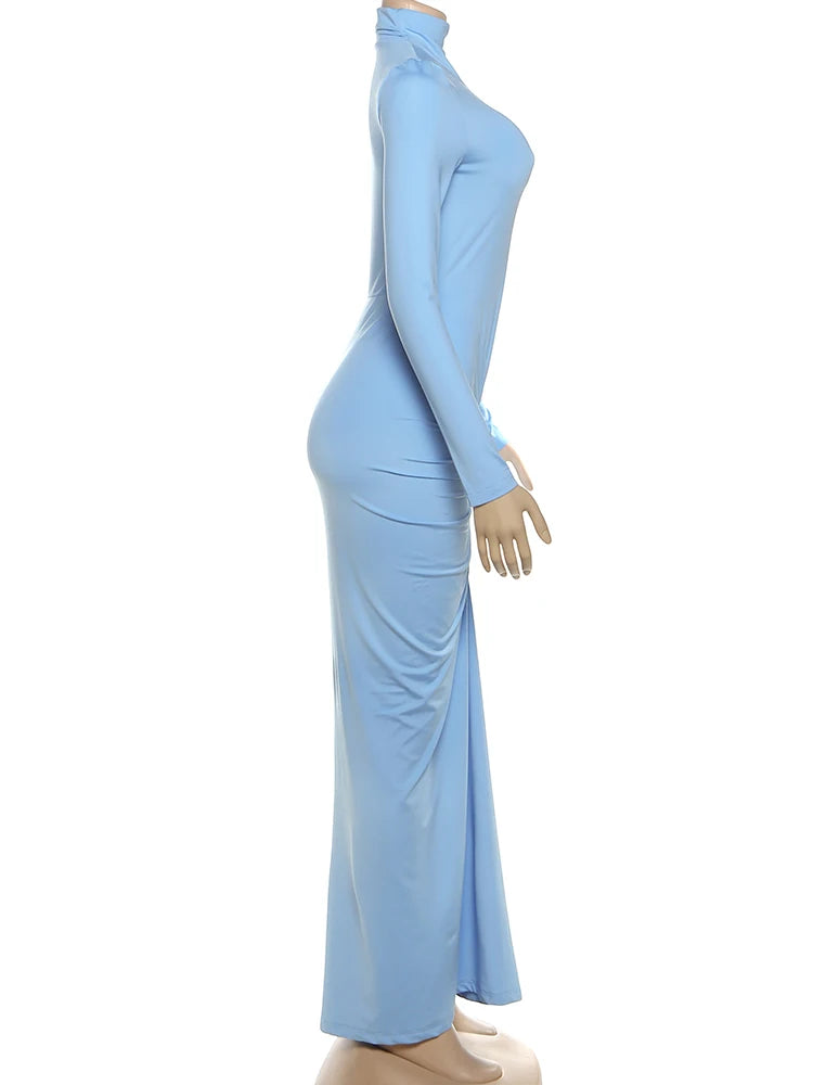 New Style Long Dress Woman Turtleneck Full Sleeve Skinny High Stretch Daily Casual