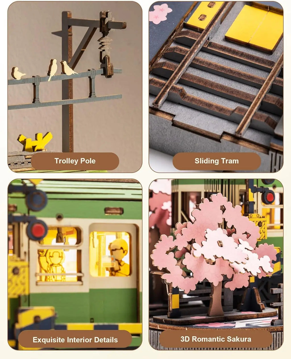 Robotime Sakura Tram 3D Wooden Puzzle with LED Lights – Home Decor Gift for Adults and Girls