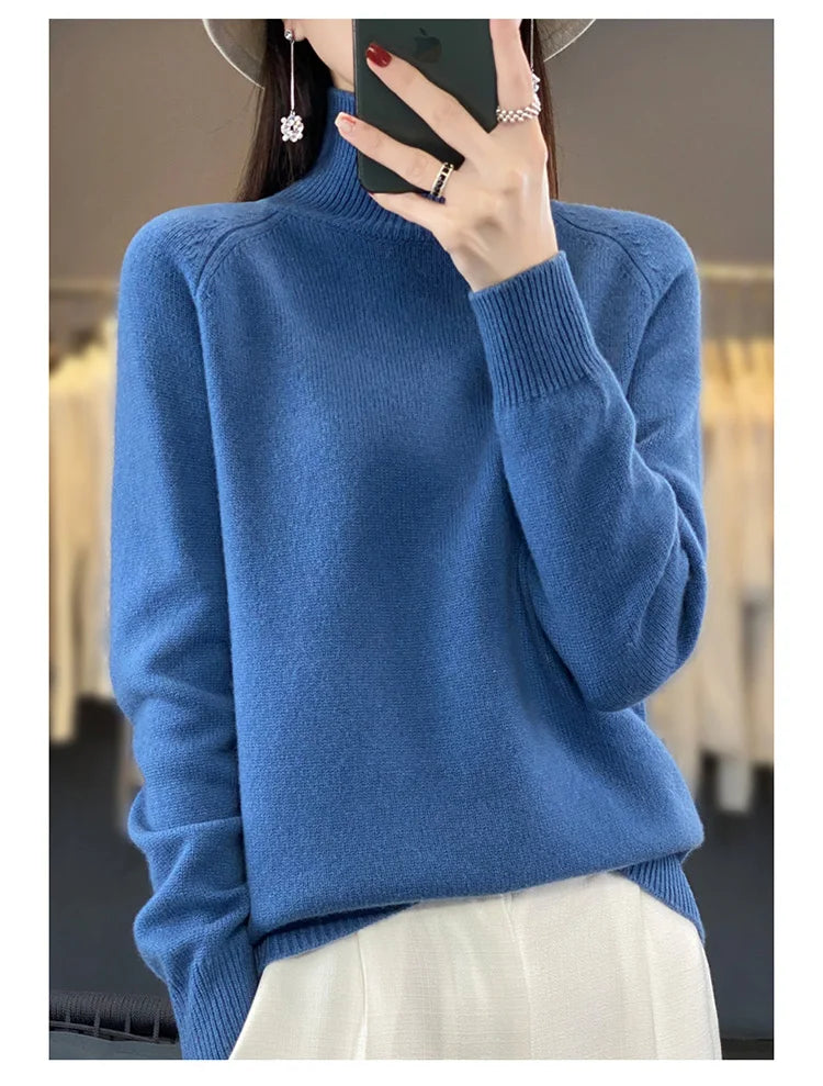 Autumn Winter Wool Sweater Mock Neck Office Lady Knitted Pullover Solid Soft Long Sleeve