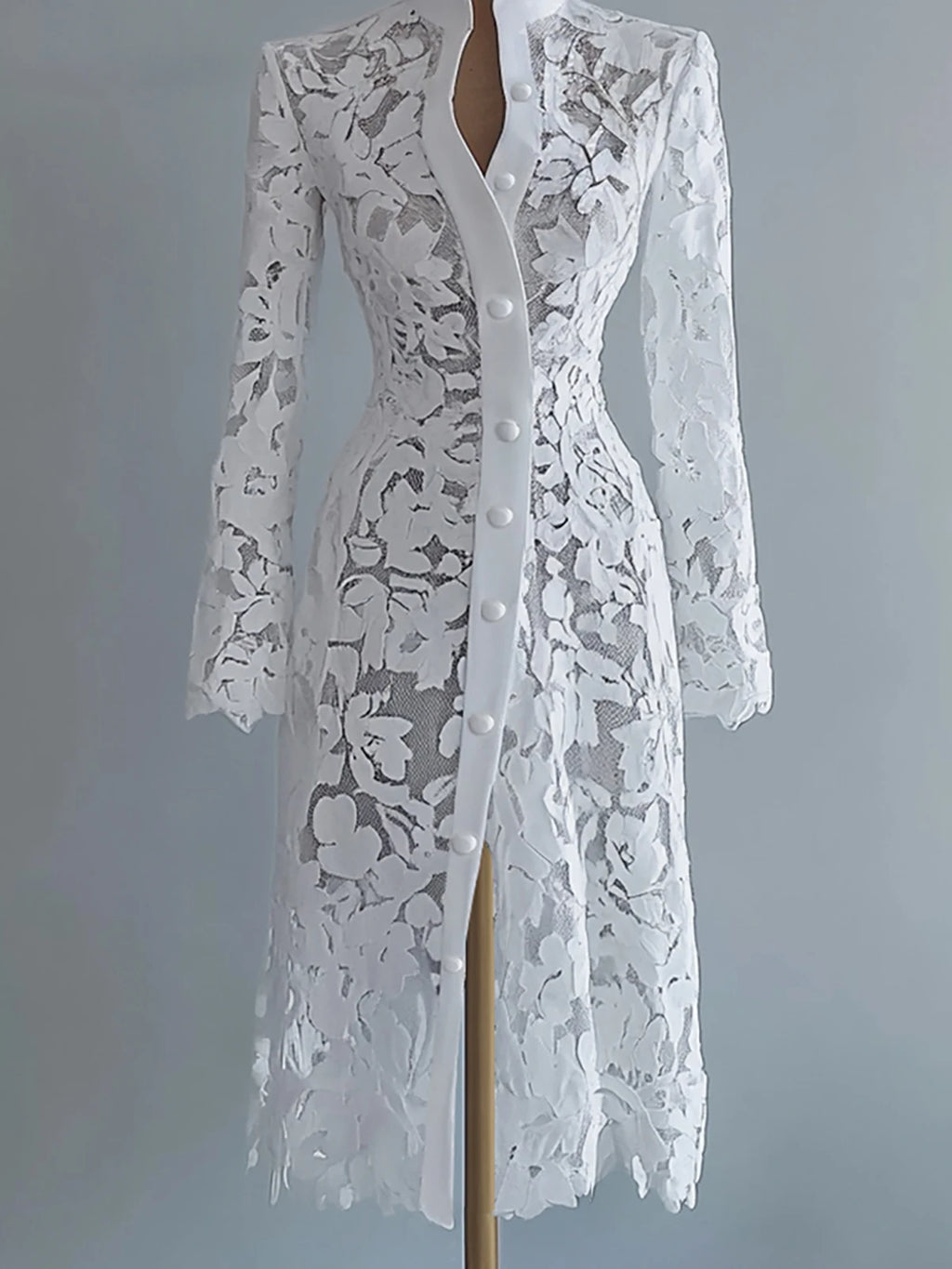Women's Floral Lace Hollow Out Elegant Dress Solid Single-breasted Turtleneck Autumn Long Sleeve Cardigan Outwear Midi Dresses