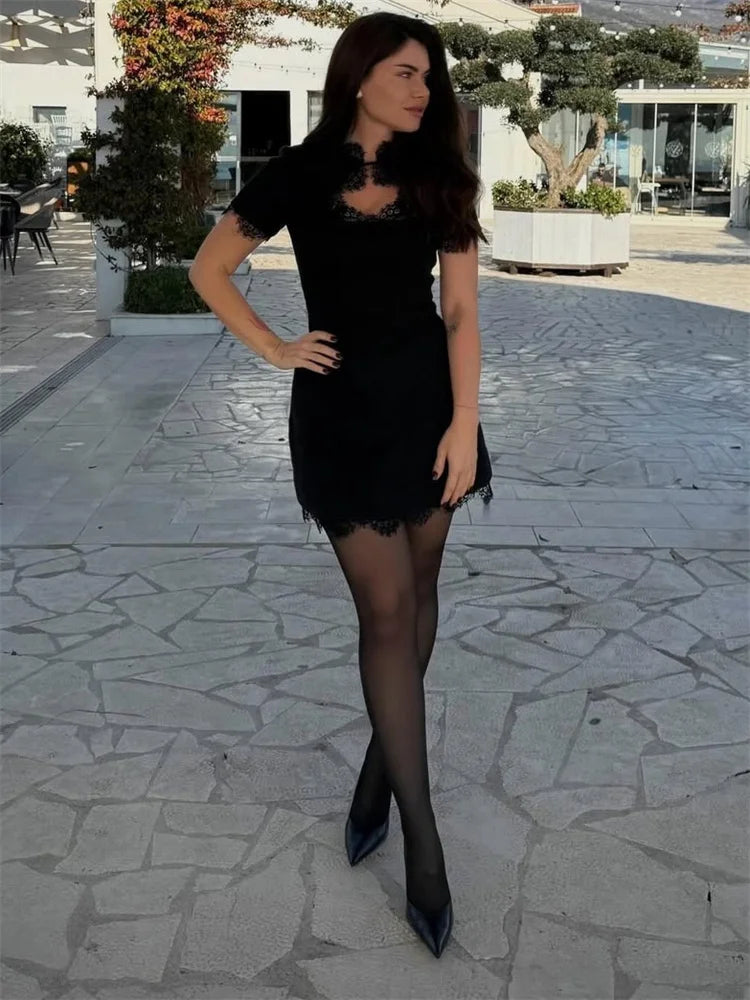 Tossy Black Lace Cutout Mini Dress – High Waist Party Style