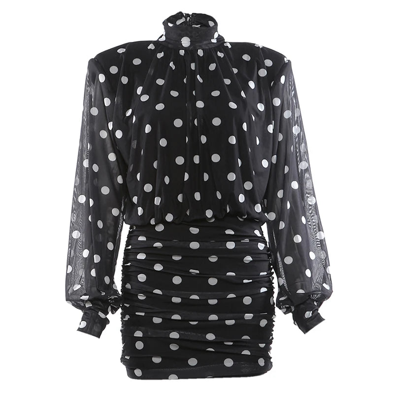 Turtleneck Backless Dress Women Classic Polka Dot Lace-Up Mesh Patchwork.