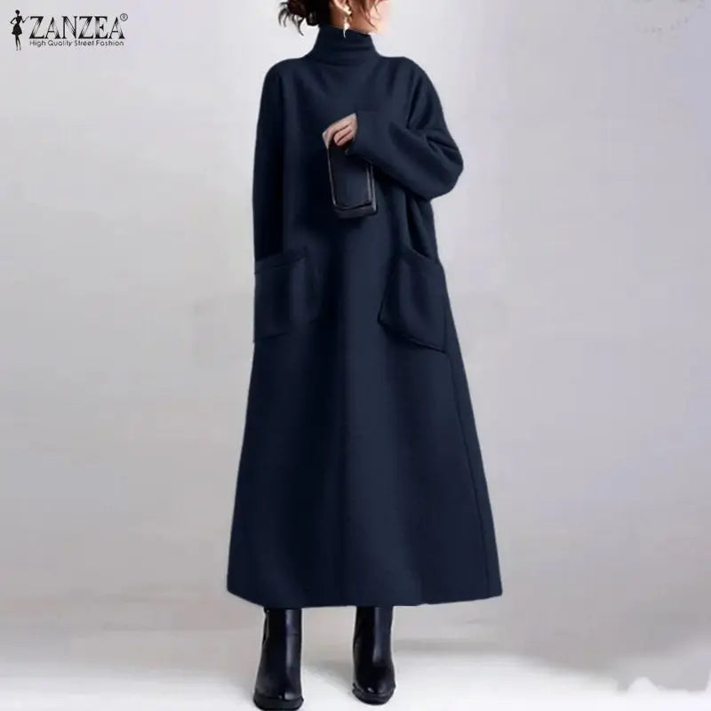 Sweatshirt Dress Women Casual Turtleneck Long Sleeve Solid A-Line Midi Dresses