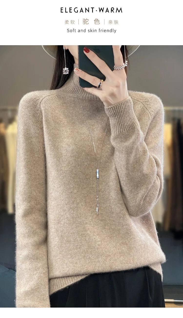 Autumn Winter Wool Sweater Mock Neck Office Lady Knitted Pullover Solid Soft Long Sleeve