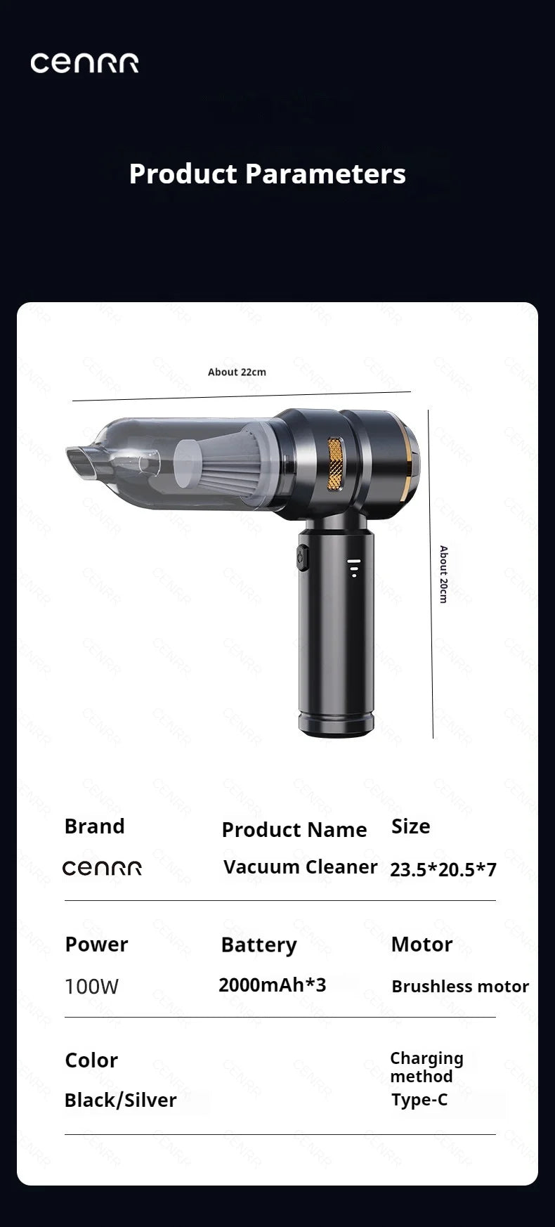 CENRR Portable Car Vacuum Cleaner – 998000PA Powerful Handheld Auto Cleaner with Dust Display Light & Strong Suction