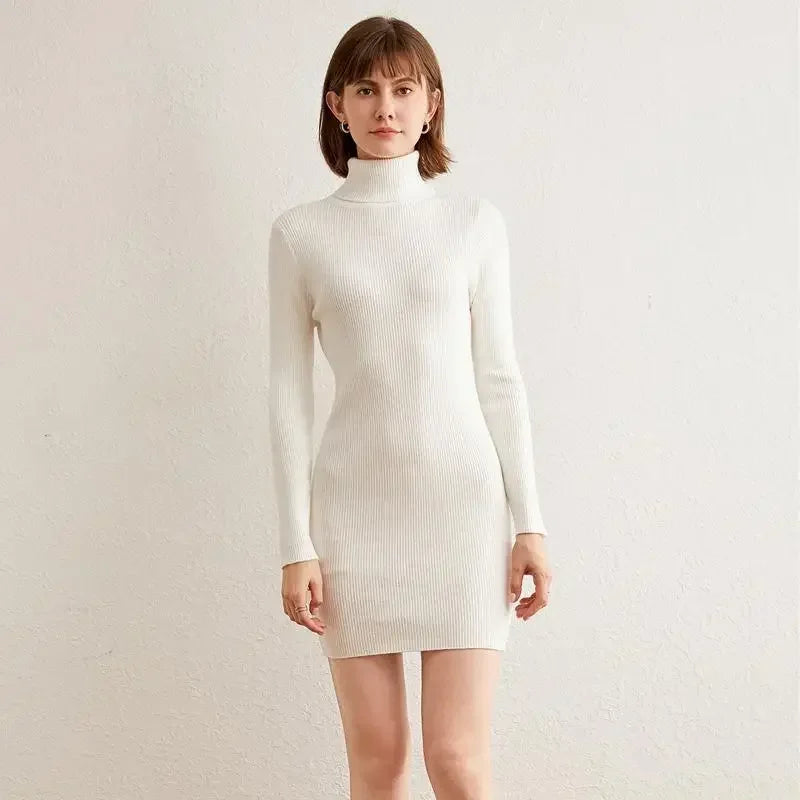 Turtleneck Sweater Slim-Fit Bottoming Solid Color Tight-Fitting Knitted Bag Hip Women Dress.