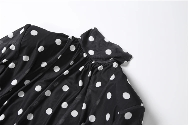 Turtleneck Backless Dress Women Classic Polka Dot Lace-Up Mesh Patchwork.