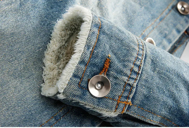 New Men's Fashion Retro Plush Denim Jacket Casual Tear Patch Denim Coat