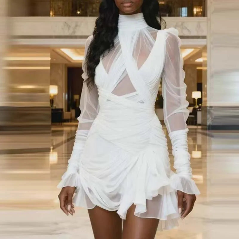 Women's Mini Dress with a High Collar, Draped Ruffle Waist, Solid Color, and Long Sleeves – Ideal for Casual or Party Wear.