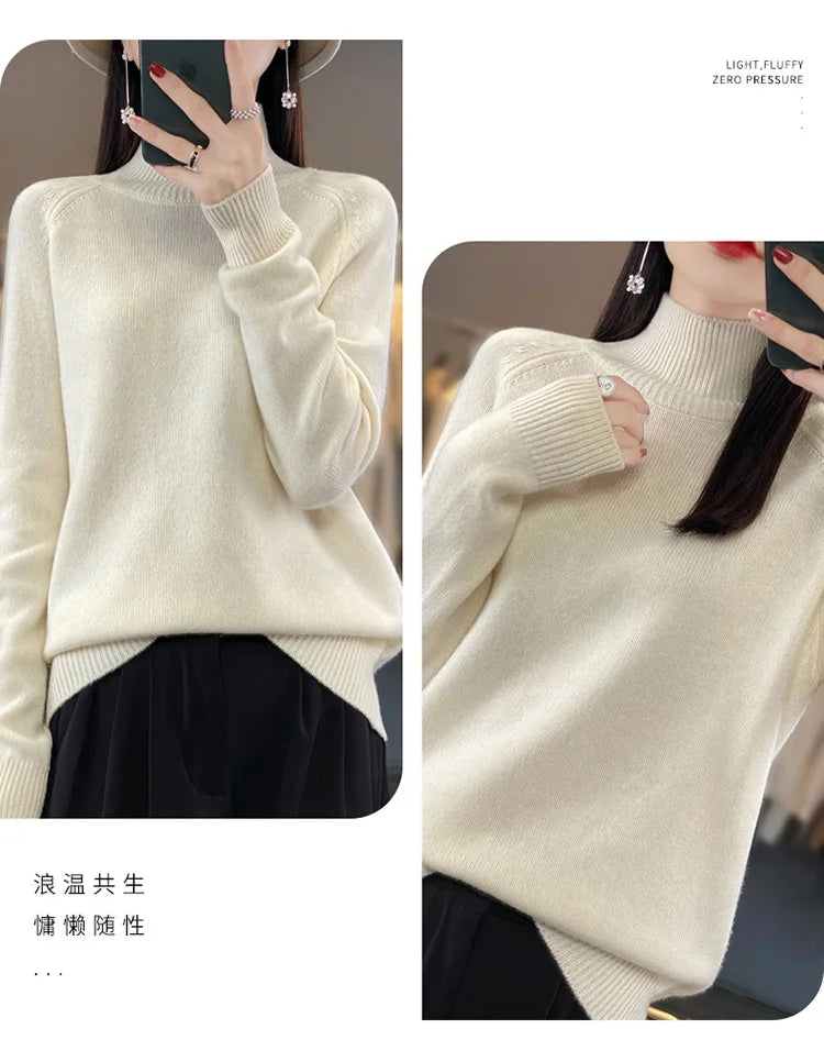 Autumn Winter Wool Sweater Mock Neck Office Lady Knitted Pullover Solid Soft Long Sleeve