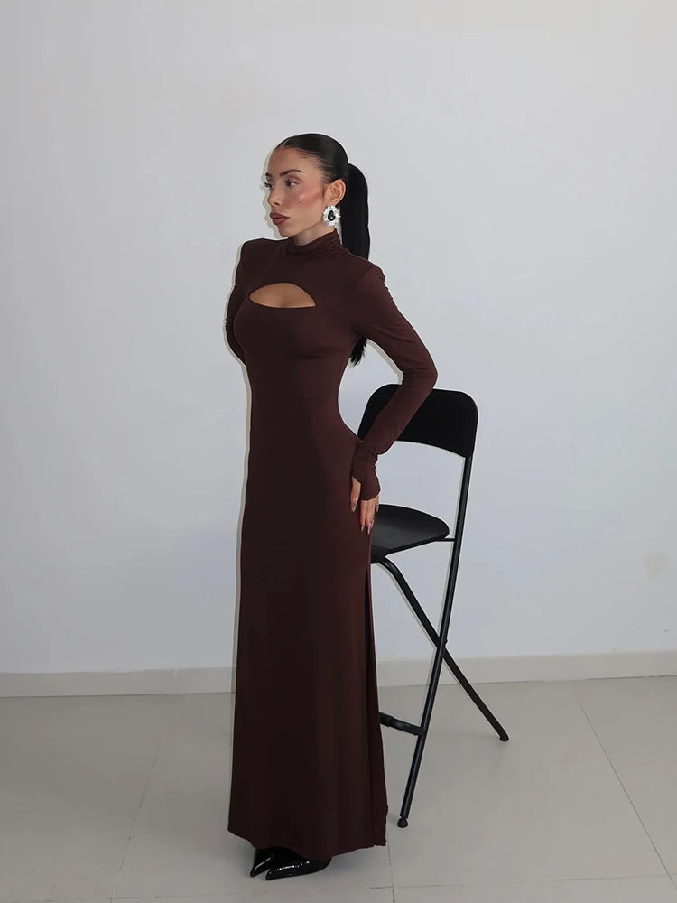 Women's Maxi Dresses Solid Turtleneck Regular Long Sleeves Hollow Out Slim Fit