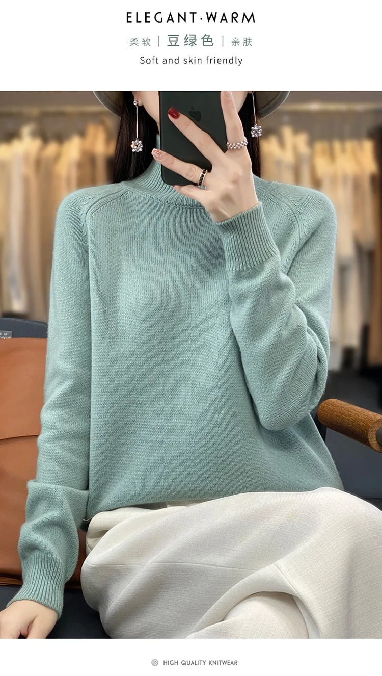 Autumn Winter Wool Sweater Mock Neck Office Lady Knitted Pullover Solid Soft Long Sleeve