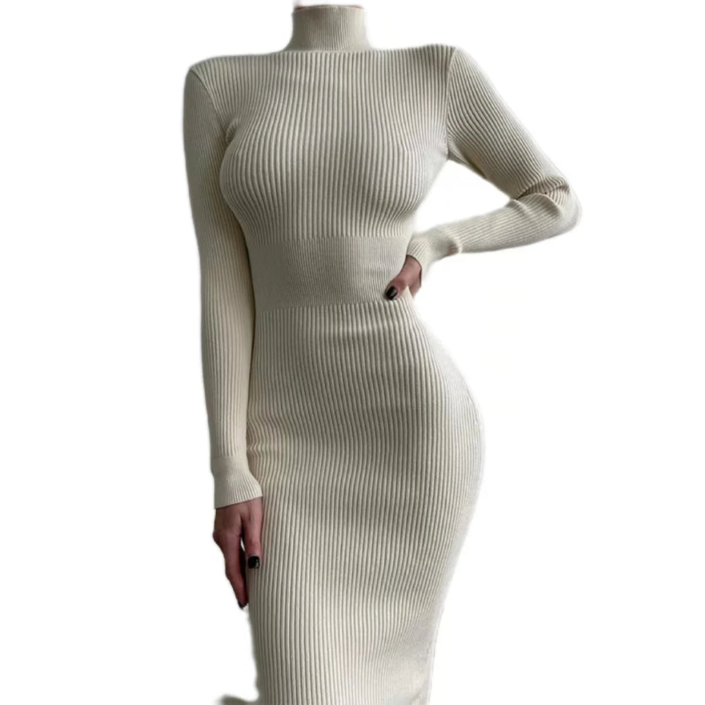 Autumn Knitted Turtleneck Dress Women Long Sleeve Bodycon Midi Dresses Elegant Fashion